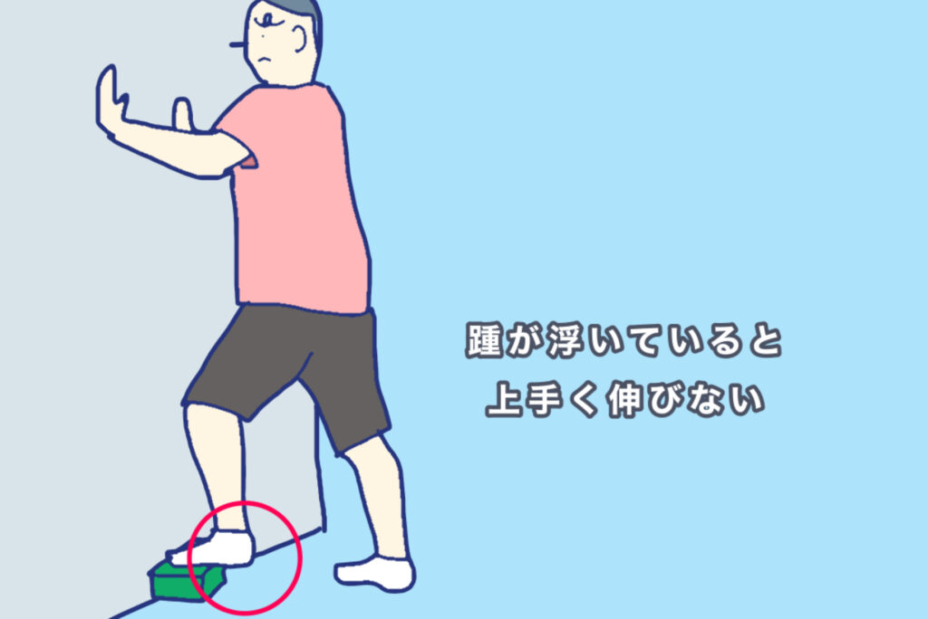 一つ前のストレッチの補足で、かかとが浮いていると上手く伸びないことを説明している