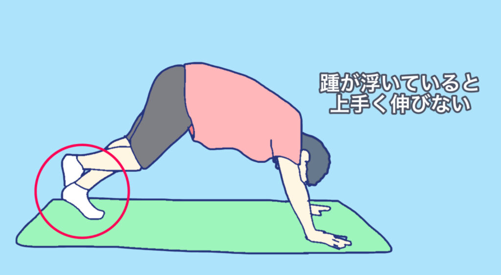 一つ前の画像の説明で、かかとが浮いていると上手く伸びないことを説明している。