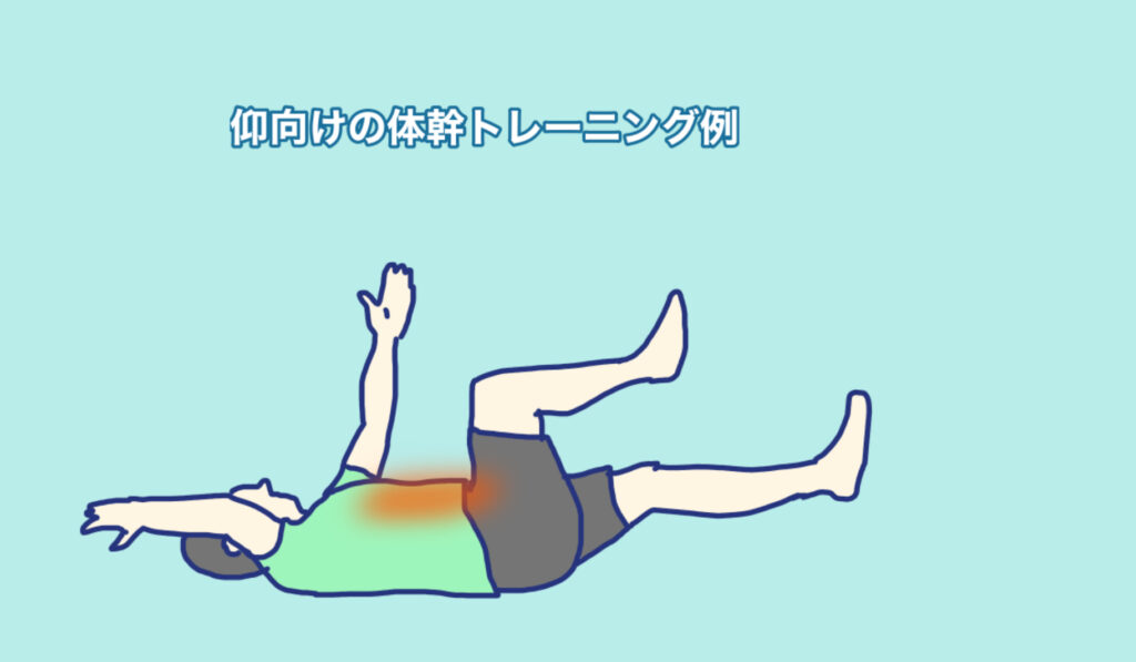 あおむけで寝た状態から両手、両足を上に伸ばし、そこから対角線の手足を前後に伸ばすデッドバグと呼ばれるトレーニング