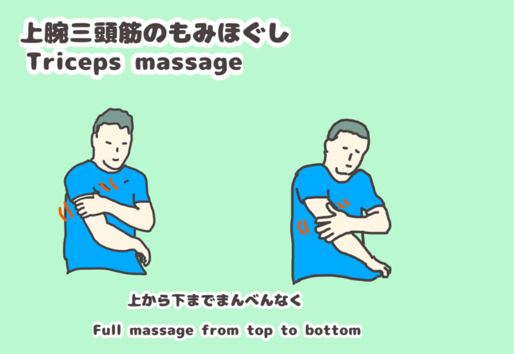 右手の上腕三頭筋を左手で揉みほぐしている。