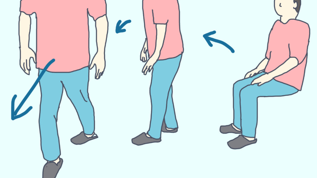 この場合、立ち上がって左方向に行くときなどに左股関節に内旋力が加わりやすい