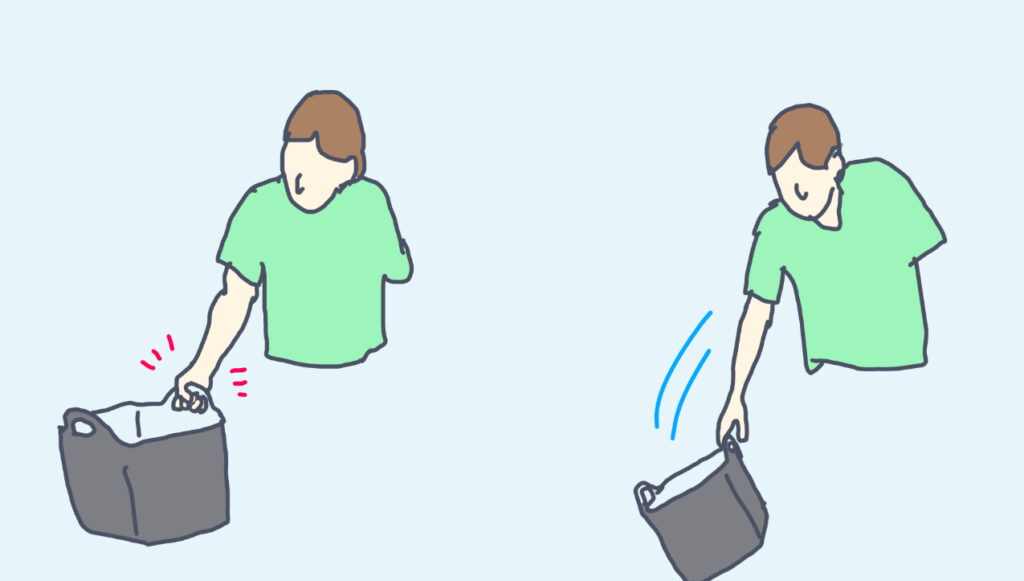 同じものを持ち上げる動作でも、方法によって手首にかかる負担が違う